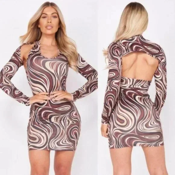 Brown Marble Print Long Sleeve Cutout Open Back Backless Bodycon Mini Dress | Color: Brown/Tan | Size: L | Lolafagbemi's Closet
